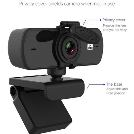 2K HD USB Webcam with Autofocus, Dual Microphones & Privacy Shutter