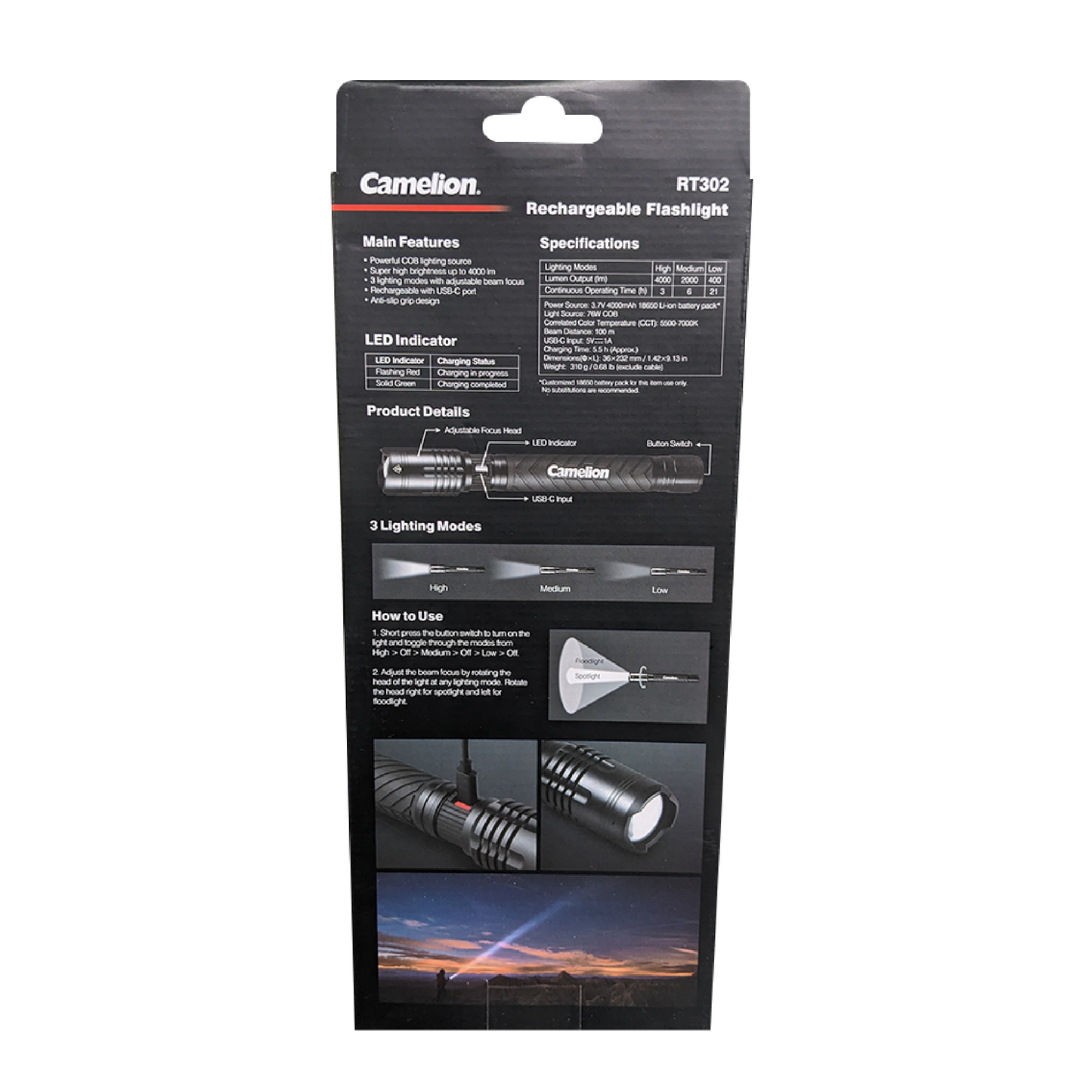 Camelion RT302 76W COB 4000LM Rechargeable Flashlight